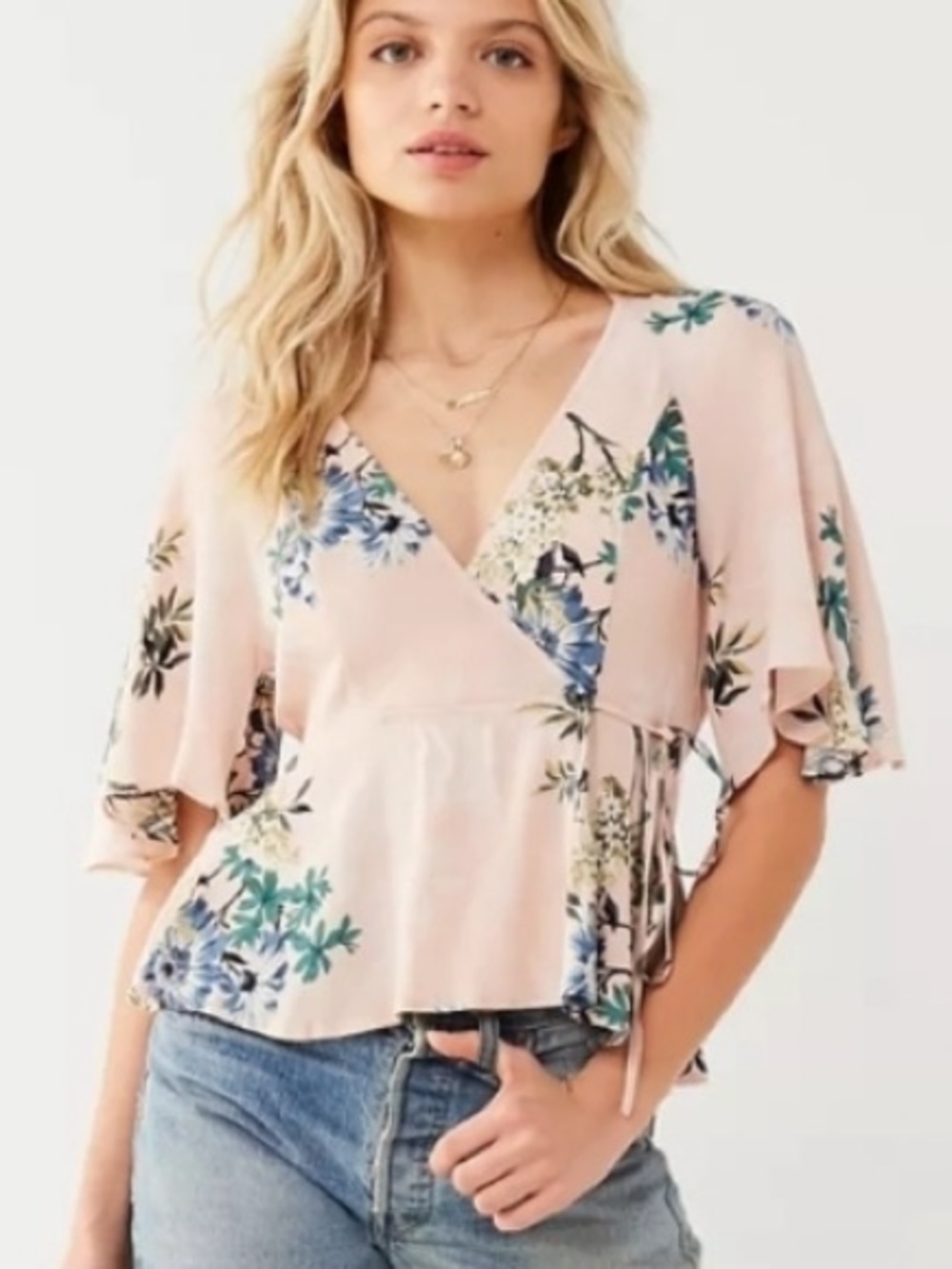 Astr Soft Pink Floral Wrap Top Blue & Green Accents  extra small new with tags